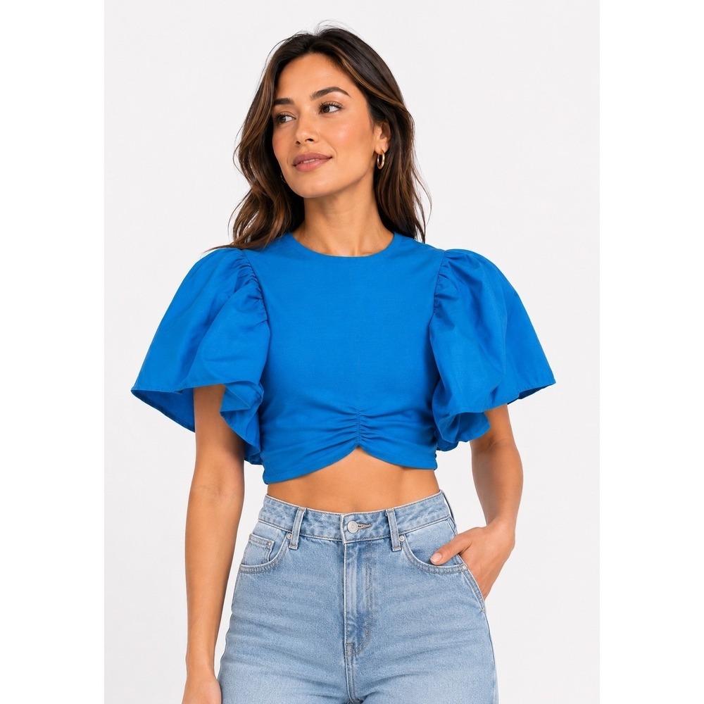 NWT Zara Blue Puff Sleeve Crop Top Cotton Ruched Statement Blouse M Y2K Resort